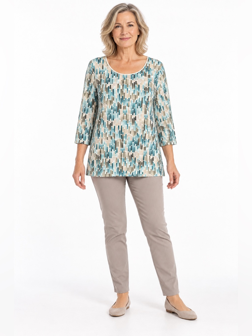 Womens Teal Geo Scoop Neck 3/4 Sleeve Top